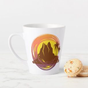 Caneca De Café Latte Crachá com paisagem vulcânica tropical e palmeiras