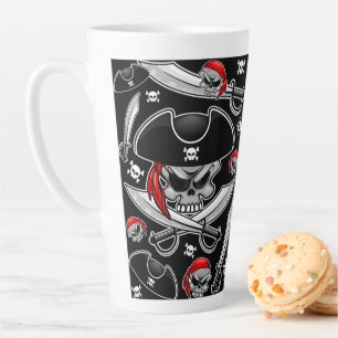 Caneca De Café Latte Crânio Pirata com Sabers Cruzados