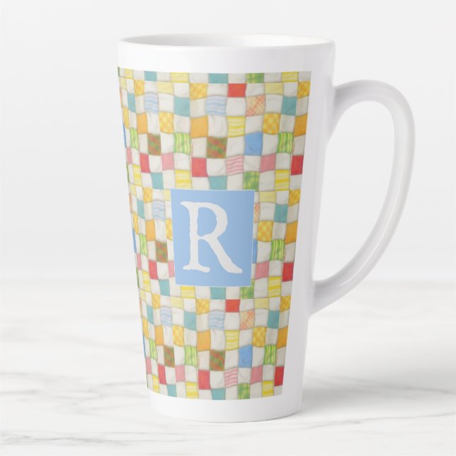 Caneca De Café Latte CRAZY QUILT Caneca de Latte Alta + Texto / Azul (Direita)