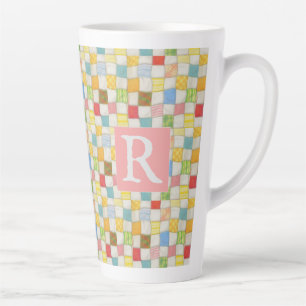 Caneca De Café Latte CRAZY QUILT Caneca de Latte Alta + Texto / Rosa