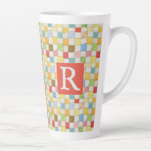 Caneca De Café Latte CRAZY QUILT Caneca de Latte Alta + Texto / Vermelh