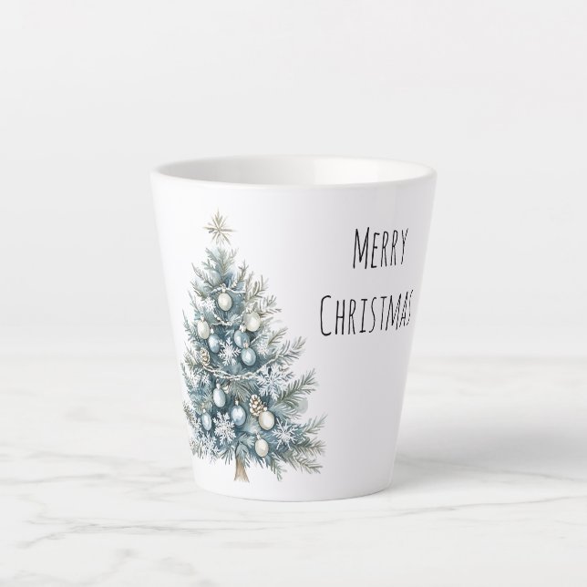 Caneca De Café Latte Cream Blue Winter Christmas Tree (Frente)