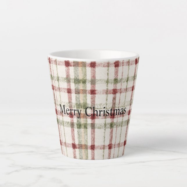 Caneca De Café Latte Cream Green Red Plaid Stripes Christmas  (Frente)