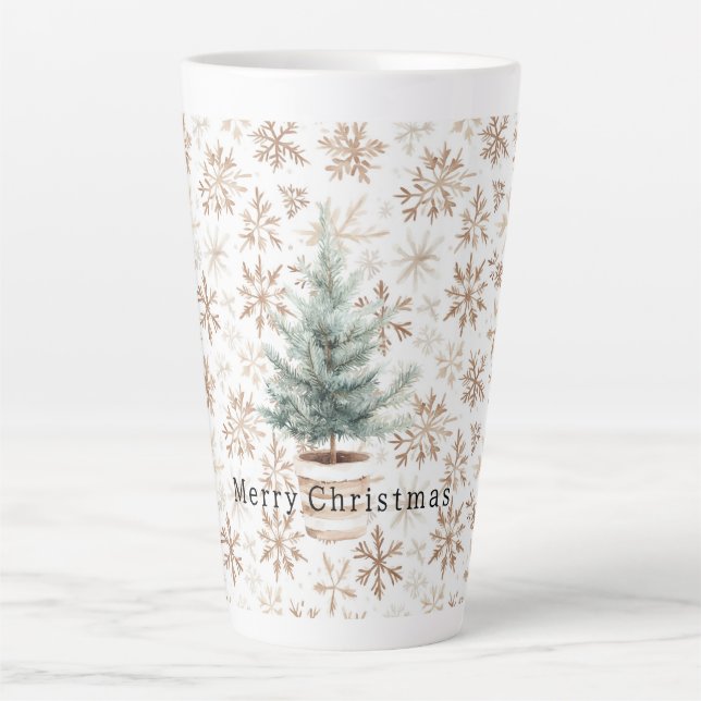Caneca De Café Latte Cream White Snowflakes Christmas Tree (Frente)