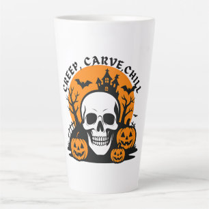 Caneca De Café Latte Creep, Carve, Chill: Halloween Skull & Pumpkin