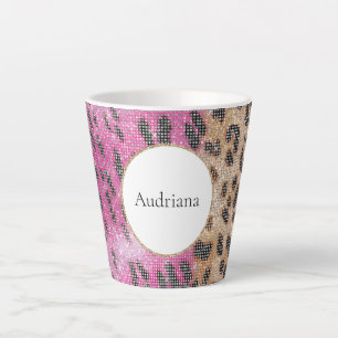 Caneca De Café Latte Creme Rosa Leopard Animal Sparkle