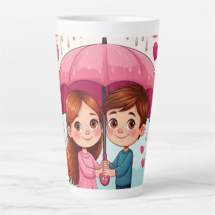 Caneca De Café Latte Crianças sob guarda-chuva rosa com coração caindo