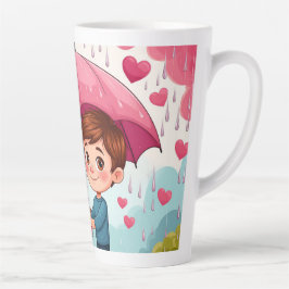 Caneca De Café Latte Crianças Sob O Guarda-chuvas Rosa Com Coração Cain