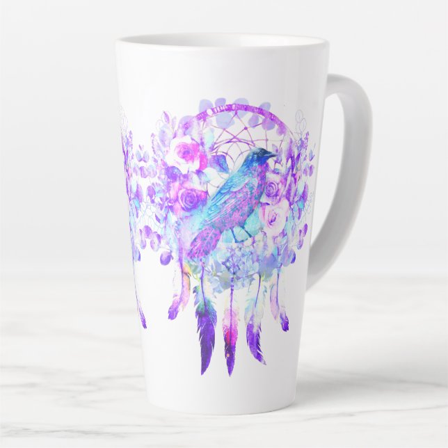 Caneca De Café Latte Crow Dreamcatcher Blue Purple Floral (Ângulo direito)