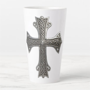 Caneca De Café Latte Cruz de Prata Céltica Ornamentada com Padrão Intri