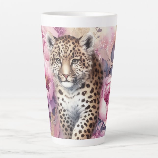 Caneca De Café Latte Cub e Rosas-leopardo (Frente)