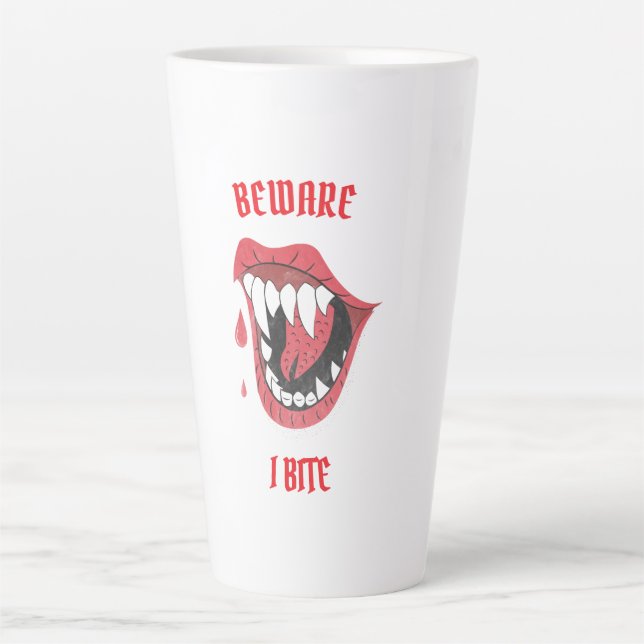 Caneca De Café Latte Cuidado com o Halloween Eu mordo (Frente)