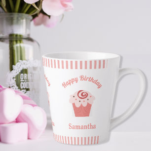 Caneca De Café Latte Cupcake de Aniversário com Faixa Rosa