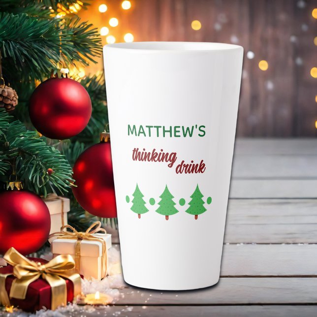 Caneca De Café Latte Custom Name Funny Thinking Drink Christmas Trees (Criador carregado)