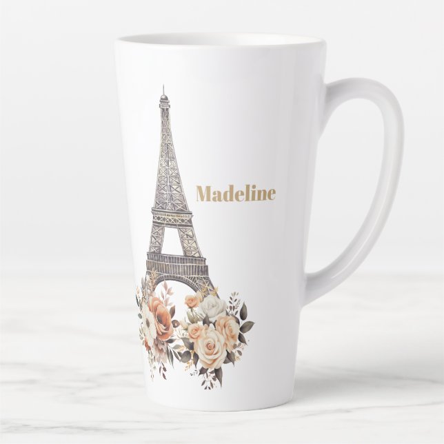 Caneca De Café Latte Custom Paris Eiffel Tower Beautiful Floral (Direita)