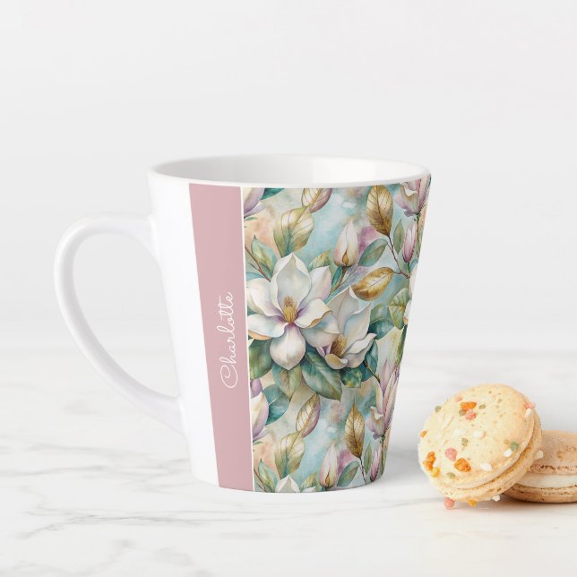 Caneca De Café Latte Custom Pattern Elegant Magnolia Flowers (In Situ)
