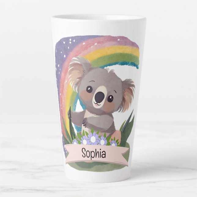 Caneca De Café Latte Cute Baby Koala Rainbow Nome Personalizado (Frente)