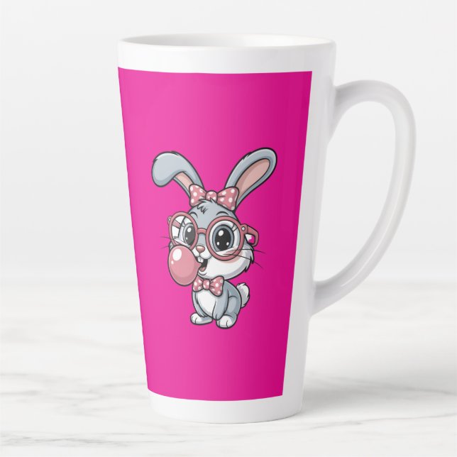 Caneca De Café Latte Cute Bunny with Glasses Blowing Bubble Gum (Direita)