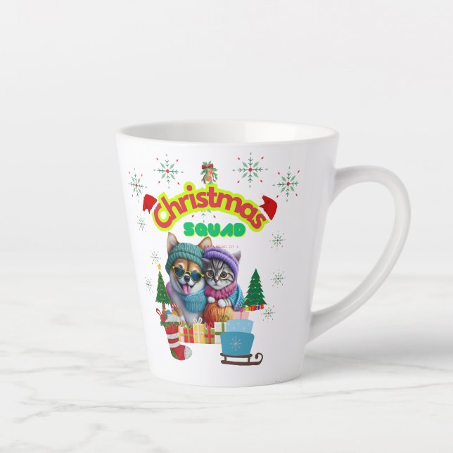 Caneca De Café Latte Cute dog and cat Christmas squad design  (Direita)