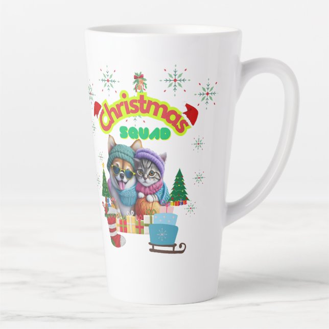 Caneca De Café Latte Cute dog and cat Christmas squad design  (Direita)