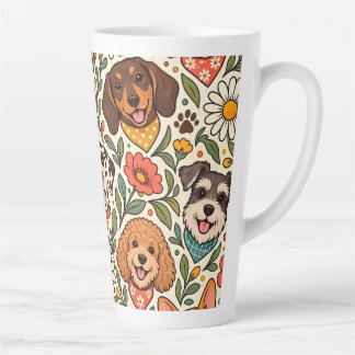 Caneca De Café Latte Cute Dogs and Colorful Floral Pattern