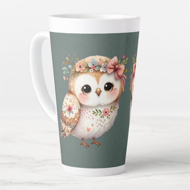 Caneca De Café Latte Cute Floral Owl with Bow (Ângulo esquerdo)