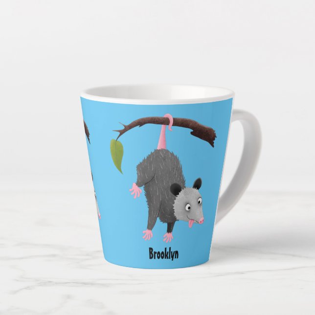 Caneca De Café Latte Cute funny opossum hanging from branch cartoon (Ângulo direito)
