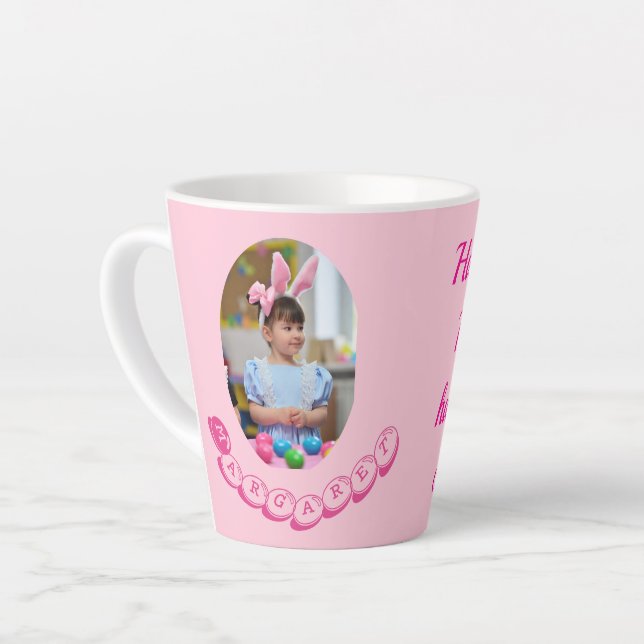 Caneca De Café Latte Cute Girl Photo with Easter Eggs and Name (Ângulo esquerdo)