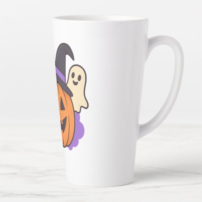 Caneca De Café Latte Cute Halloween Pumpkin with Witch Hat – Ghost & Ba (Direita)