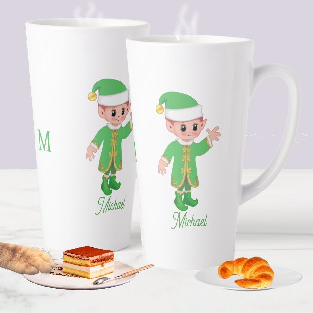 Caneca De Café Latte Cute Lucky Elf com Script e Monograma (Criador carregado)