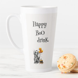 Caneca De Café Latte Cute Skeleton Girl with Pumpkin Balloons