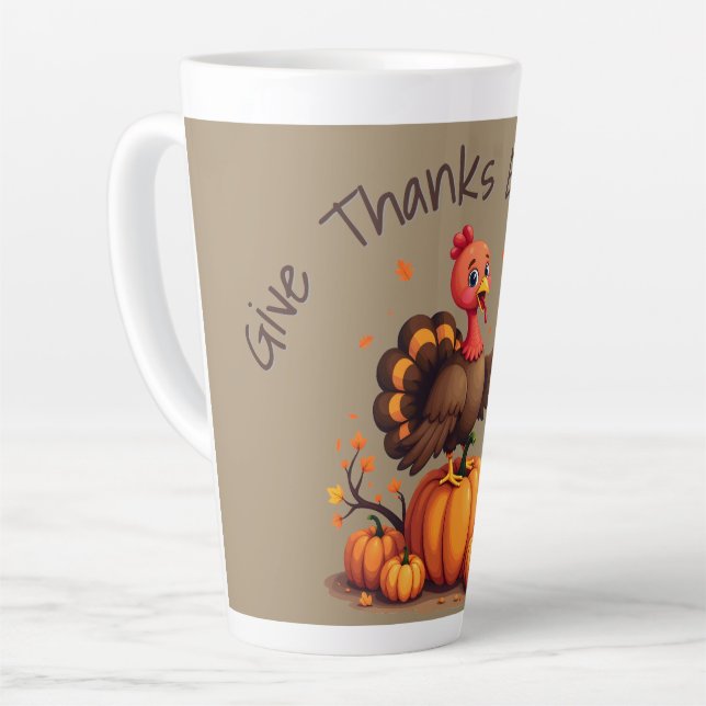 Caneca De Café Latte Cute Thanksgiving Turkey Autumn Pumpkins Scene (Ângulo esquerdo)
