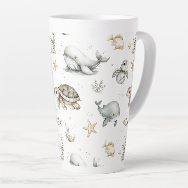 Caneca De Café Latte Cute Watercolour Ocean Baby Animals  (Ângulo direito)