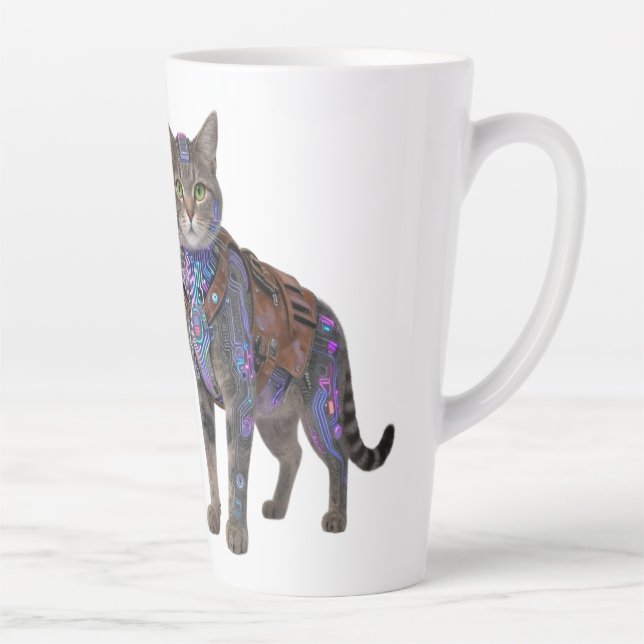 Caneca De Café Latte Cyberpunk Circuit Cat – Neon Tech Beast (Direita)