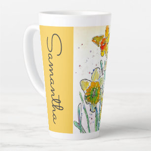 Caneca De Café Latte Daffodil Flower Floral Watercolor Mulheres Nome