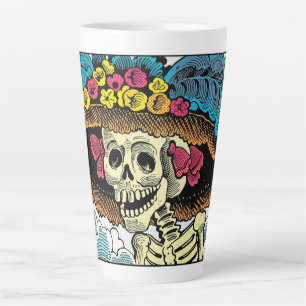 Caneca De Café Latte Dama de Crânio Açucarado com Chapéu Floral Pop Art