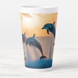 Caneca De Café Latte Dançando no Crepúsculo: Três Golfinhos Saltando 