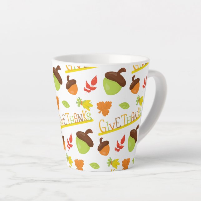CANECA DE CAFÉ LATTE DAR OBRIGADOS COM ACORNS VERDE E LARANJA (Ângulo direito)