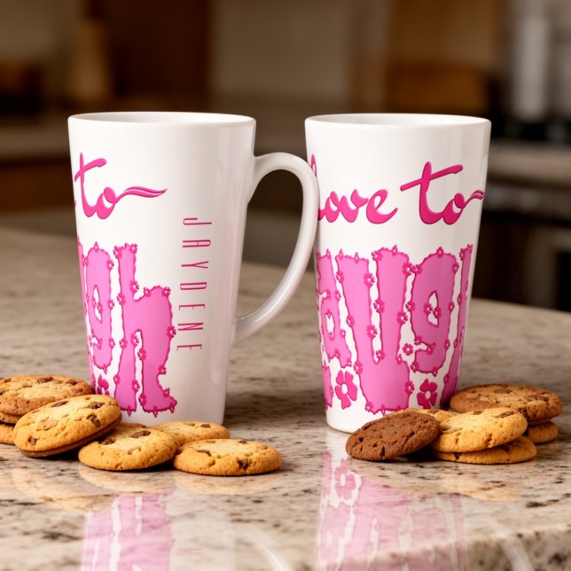 Caneca De Café Latte Deep Pink Floral Chunky Text Slogan With Name (An empowering "Love to Laugh" graphic in a dark pink hue to kickstart your day with positivity.)
