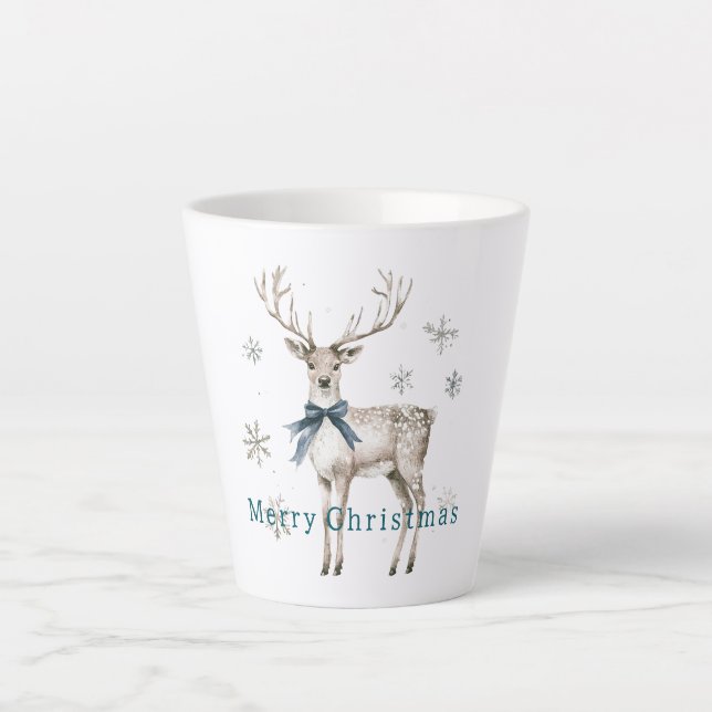 Caneca De Café Latte Deer Blue Bow Snowflakes Christmas (Frente)