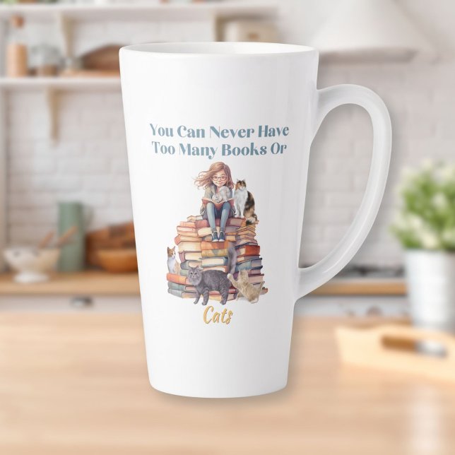 Caneca De Café Latte Demasiados livros ou gatos (Too Many Books or Cats Latte Mug)