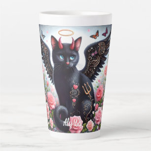 Caneca De Café Latte Demônio Negro Engraçado e Angel Cat