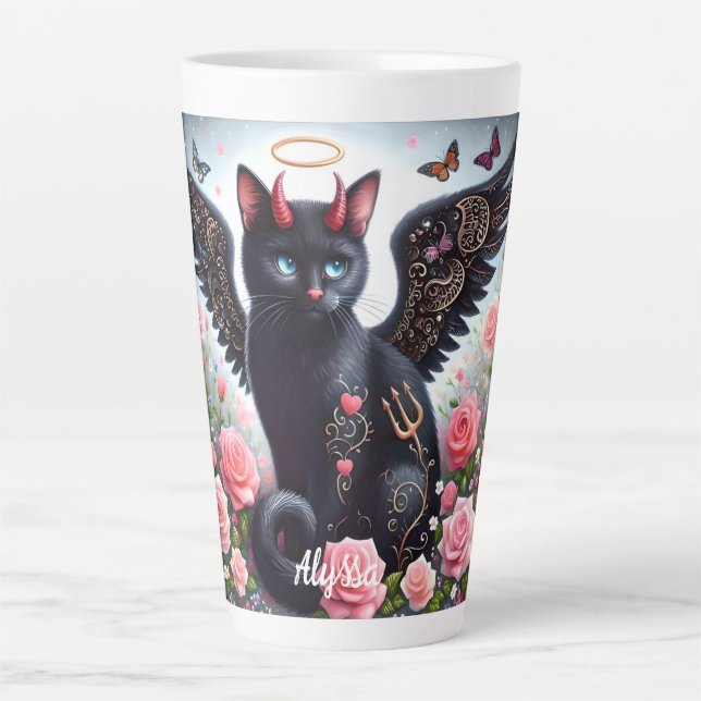 Caneca De Café Latte Demônio Negro Engraçado e Angel Cat (Frente)