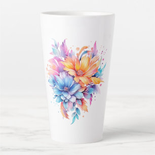 Caneca De Café Latte Desenho de Flores Florais em Aquarela-24683