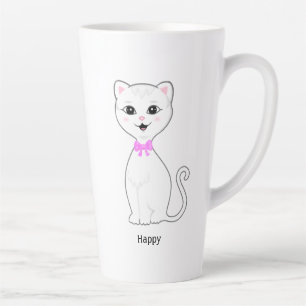 Caneca De Café Latte Desenho de Gato Branco Feliz Fofo