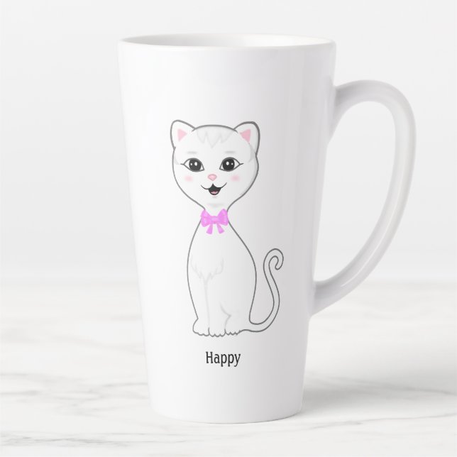 Caneca De Café Latte Desenho de gato branco feliz fofo (Direita)