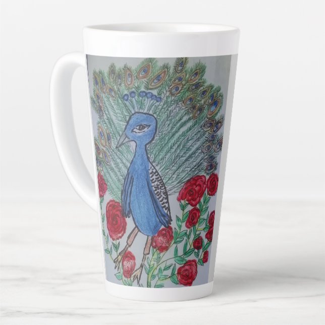 Caneca De Café Latte Desenho de rosa do amor do pavão (Ângulo esquerdo)