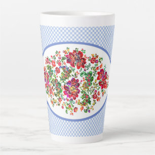 Caneca De Café Latte Desenho Floral Folclórico e Xadrez Gingham Azul