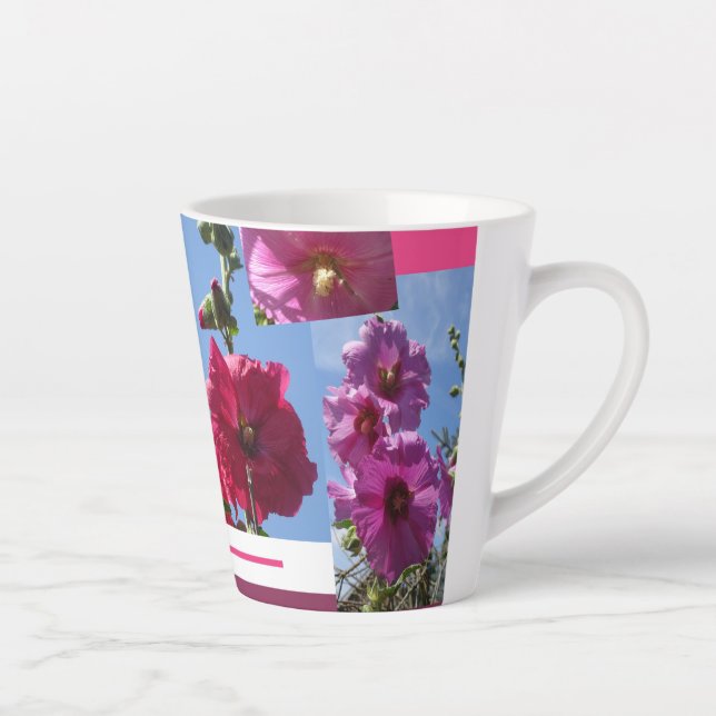 Caneca De Café Latte Design de Hollyhocks Cor de Rosa (Direita)