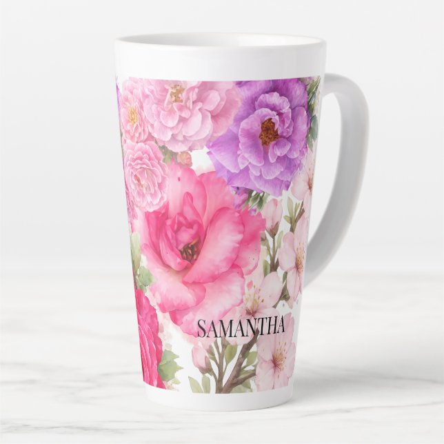 Caneca De Café Latte Design Floral Personalizado (Ângulo direito)